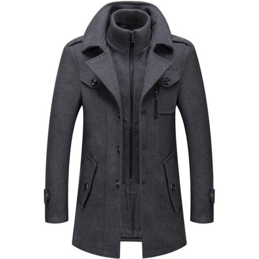 Men's Thermal Single Breasted Wool Blend Coat Business Peacoat with Zipper